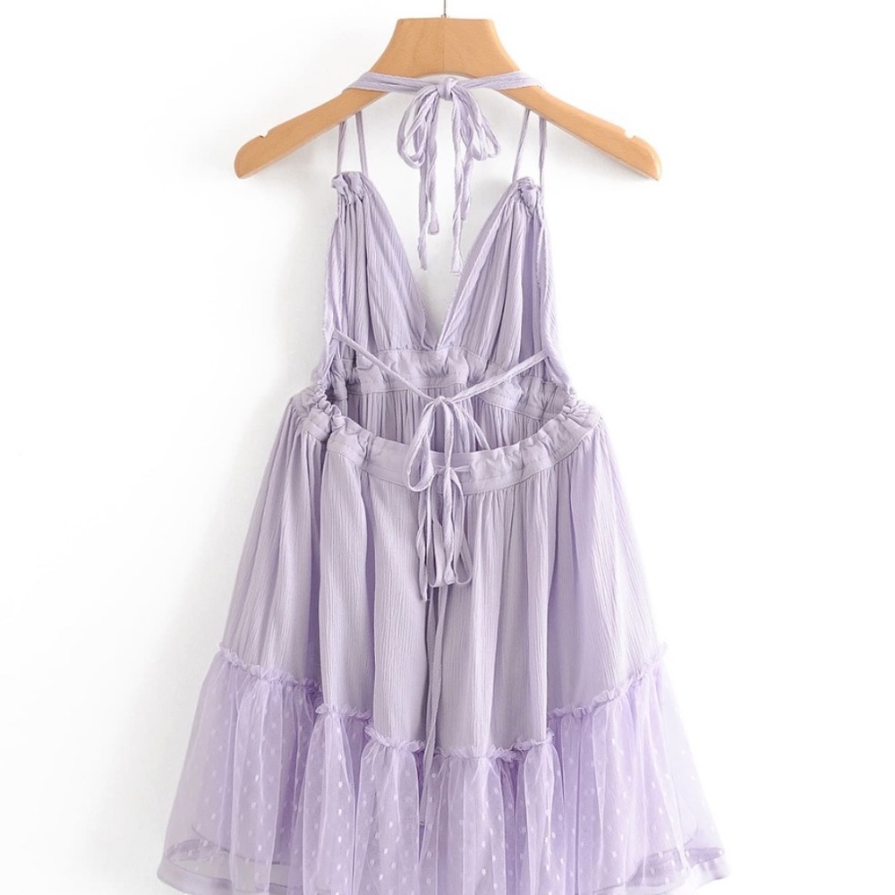 Boho Mesh Open Back sheer Halter tie ruffle dress - Picture 10 of 12